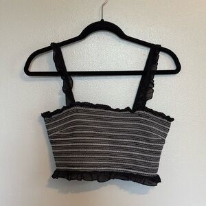 Kisuii smocked crop top in black and white striped with ruffled straps size m